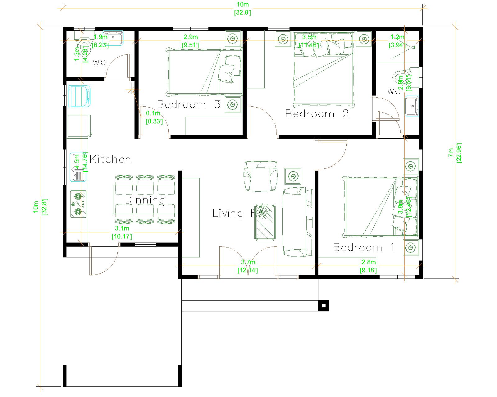 House Design Plans 10x10 Meter 33x33 Feet 3 Bedrooms Hip Roof