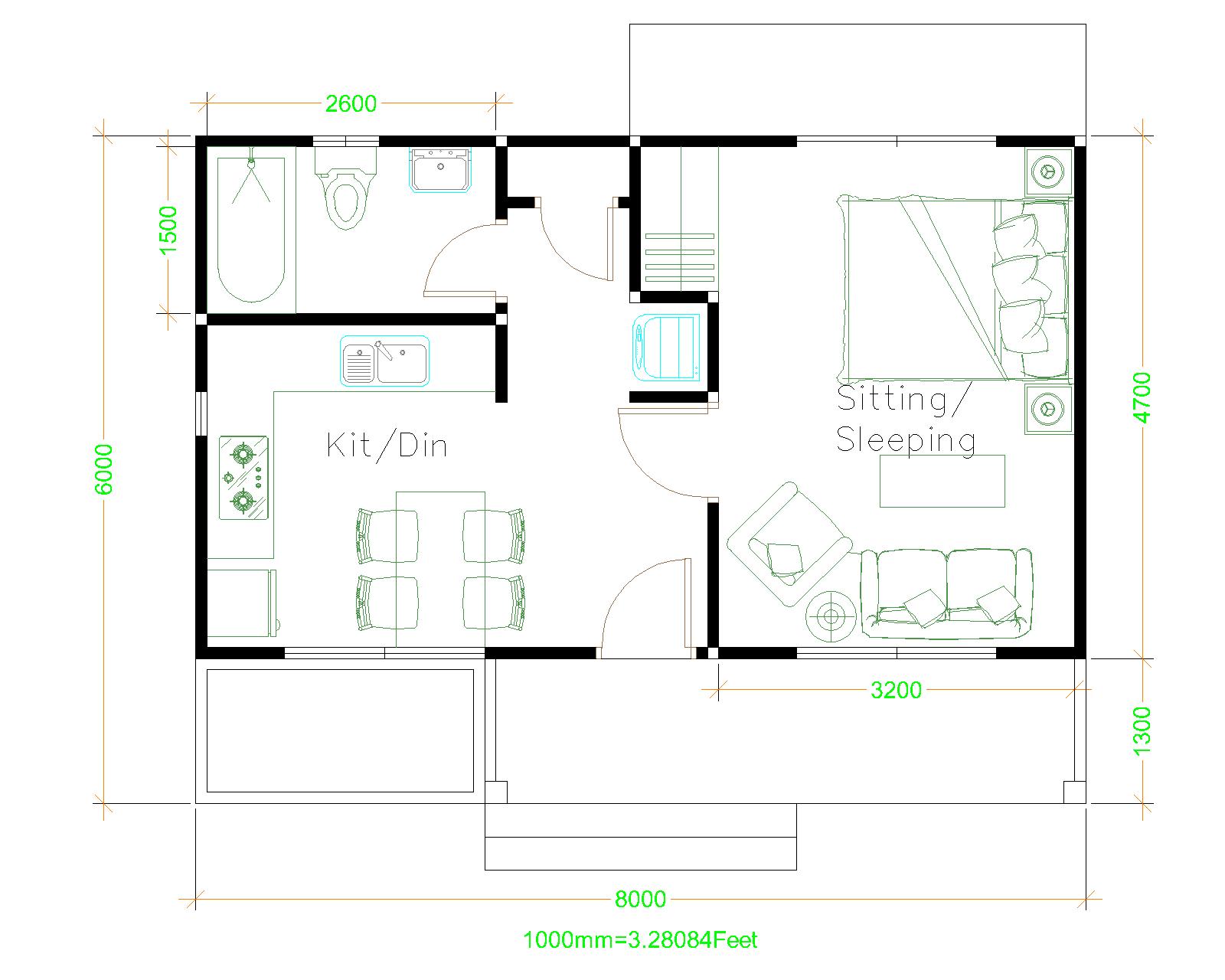 Small House Plans 8x6 with One Bedrooms Shed roof Layout plan