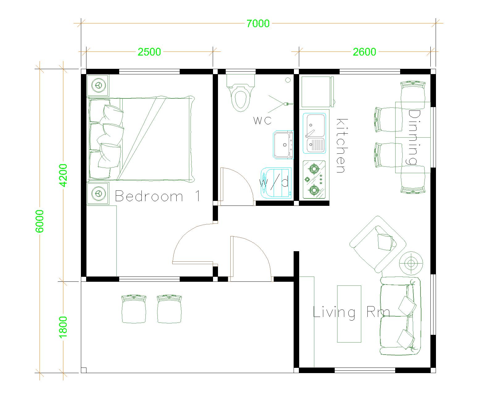 House Plans 7x6 with One Bedroom Flat Roof