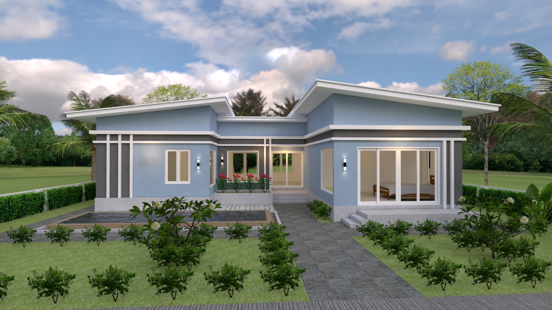 House Design 3d 15x11 Meter 49x36 Feet 3 Bedrooms Slope Roof
