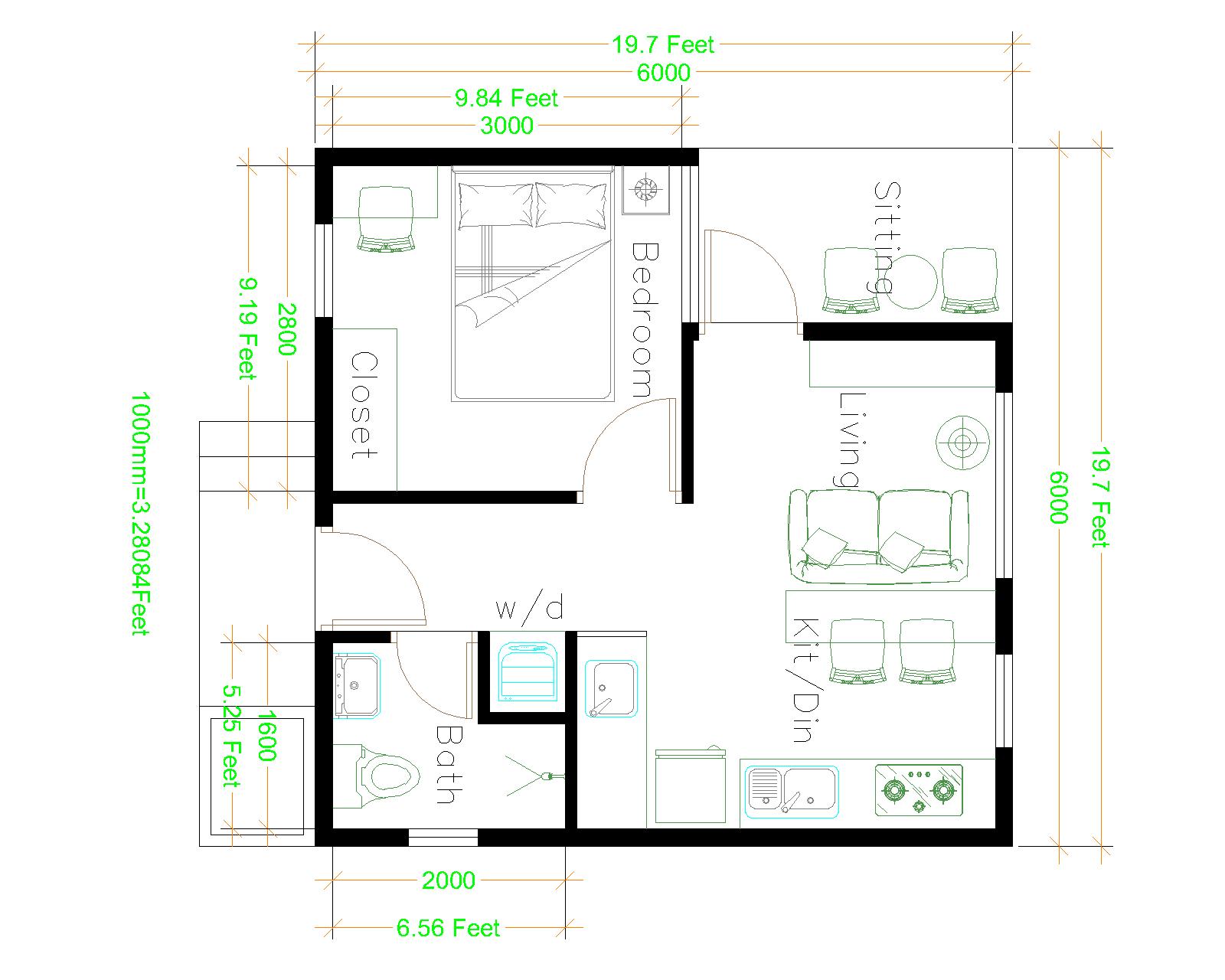 Small House Plans 6x6 with One Bedroom Hip Roof House Floor Plan