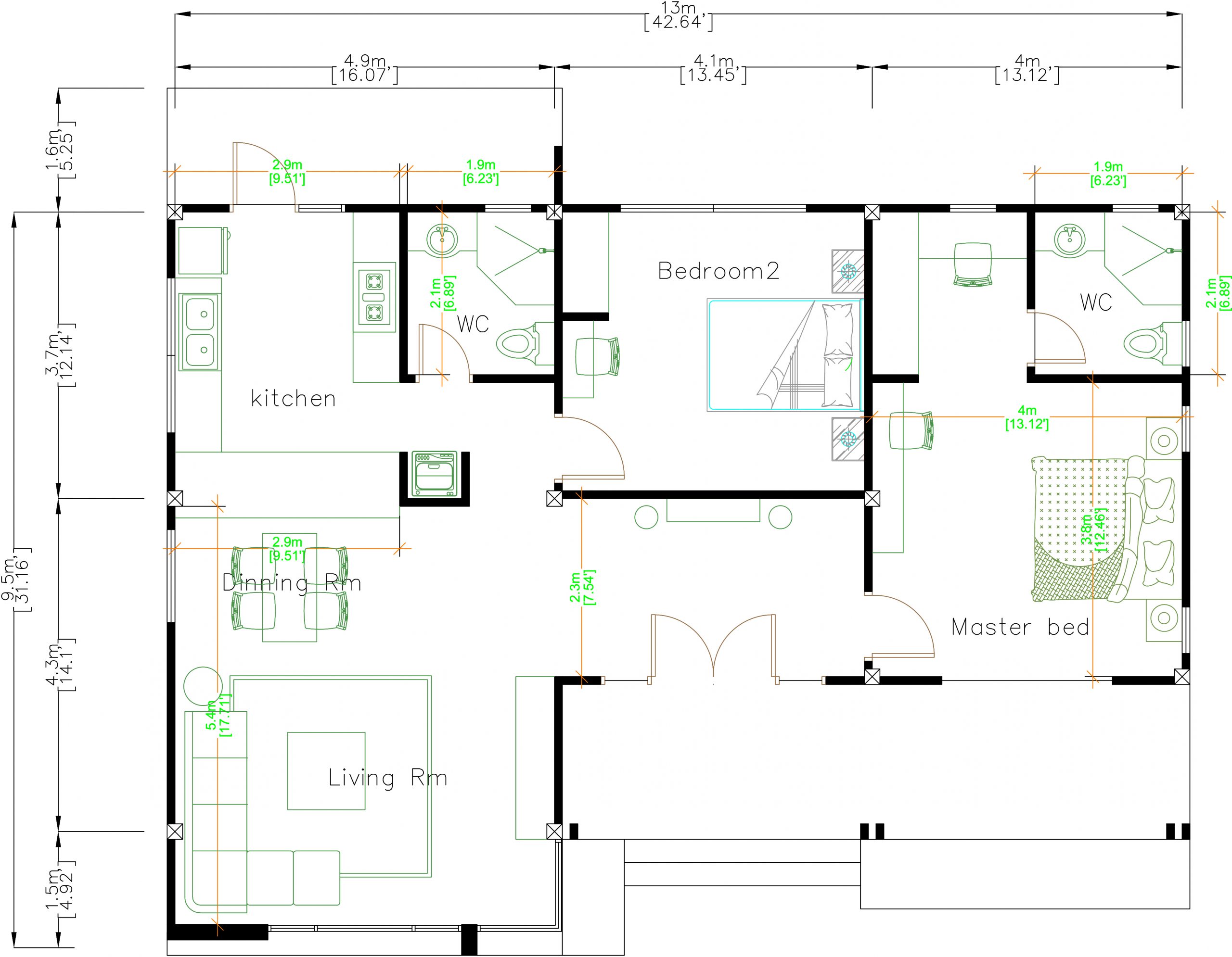 House Design 3d 13x9.5 Meter 43x31 Feet 2 Bedrooms Hip roof