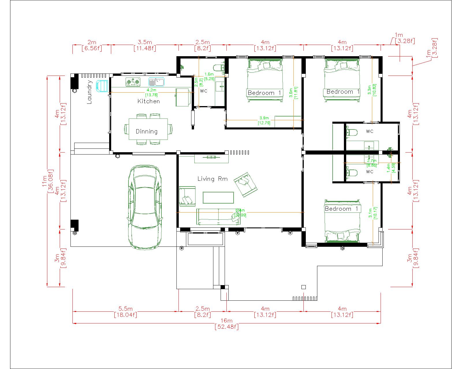 House Design 3d 16x12 Meter 52x39 Feet 3 Bedrooms