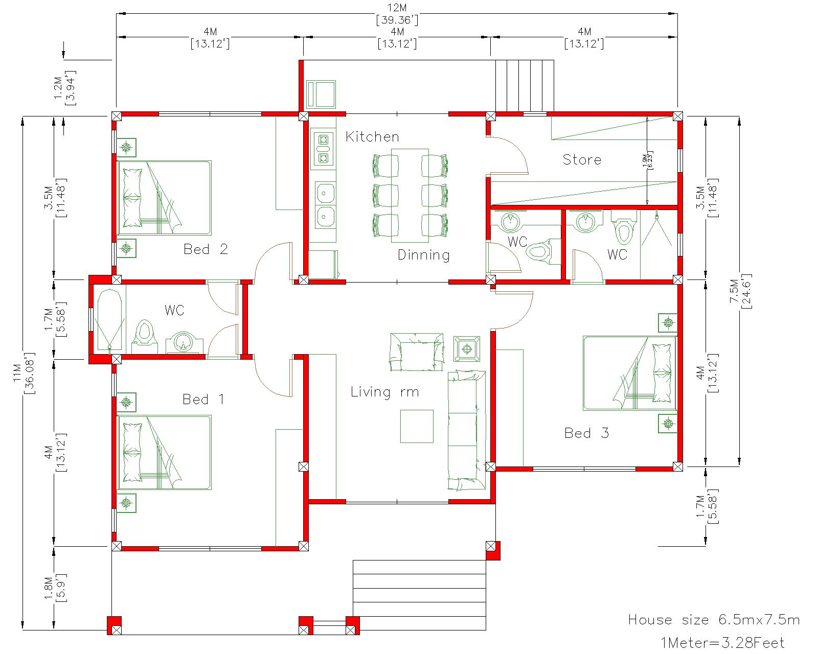 House Design 3d 12x11 Meter 39x36 Feet 3 Bedrooms Terrace Roof