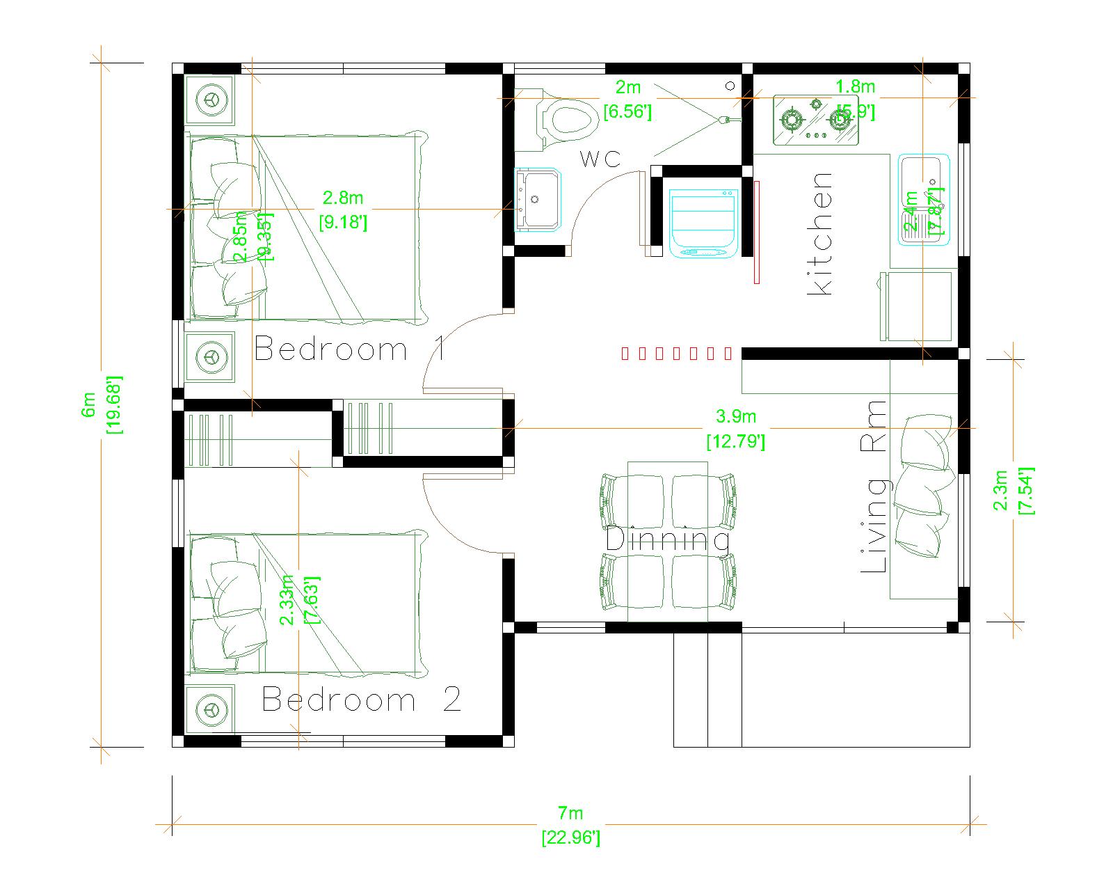 House Design 3d 7x6 Meter 23x20 Feet 2 bedrooms Gable Roof