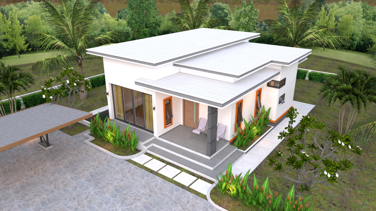 House Design 3d 10.7x10.5 Meter 35x34 Feet 2 Bedrooms Flat roof