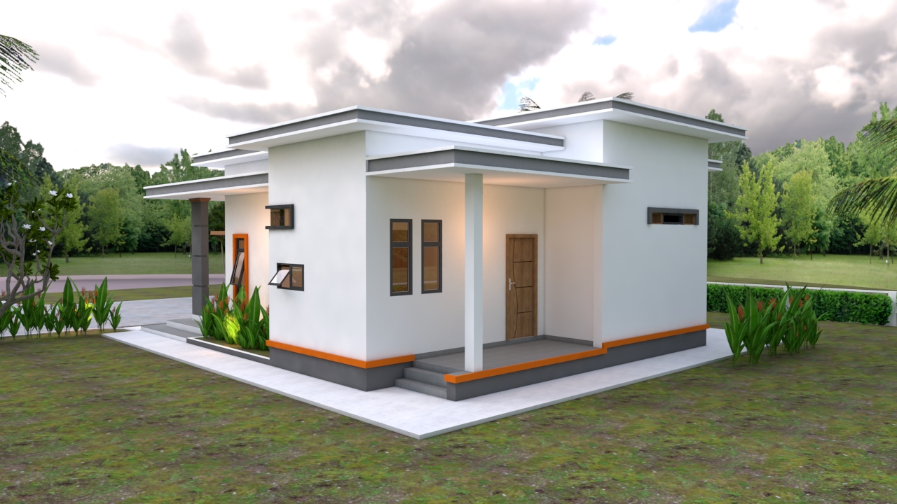 House Design 3d 10.7x10.5 Meter 35x34 Feet 2 Bedrooms Flat roof