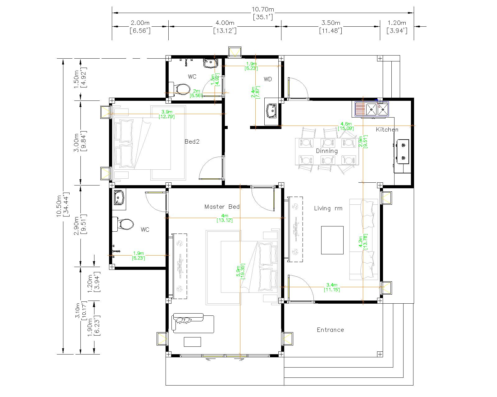 House Design 3d 10.7x10.5 Meter 35x34 Feet 2 Bedrooms Flat roof