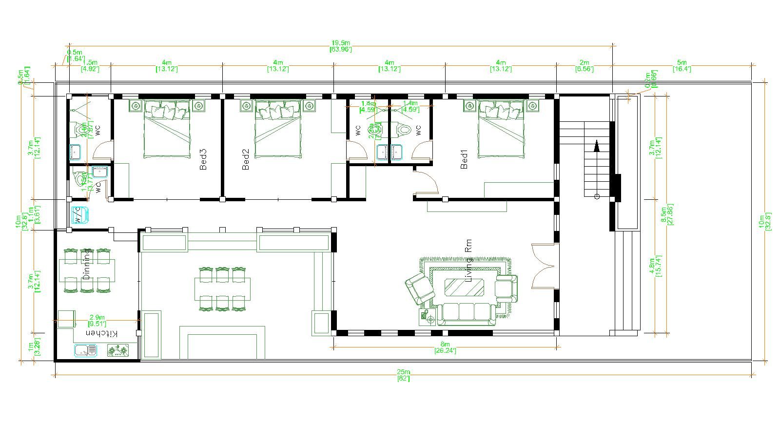 House Design Plans 10x25 with 33x82 Feet 3 bedrooms