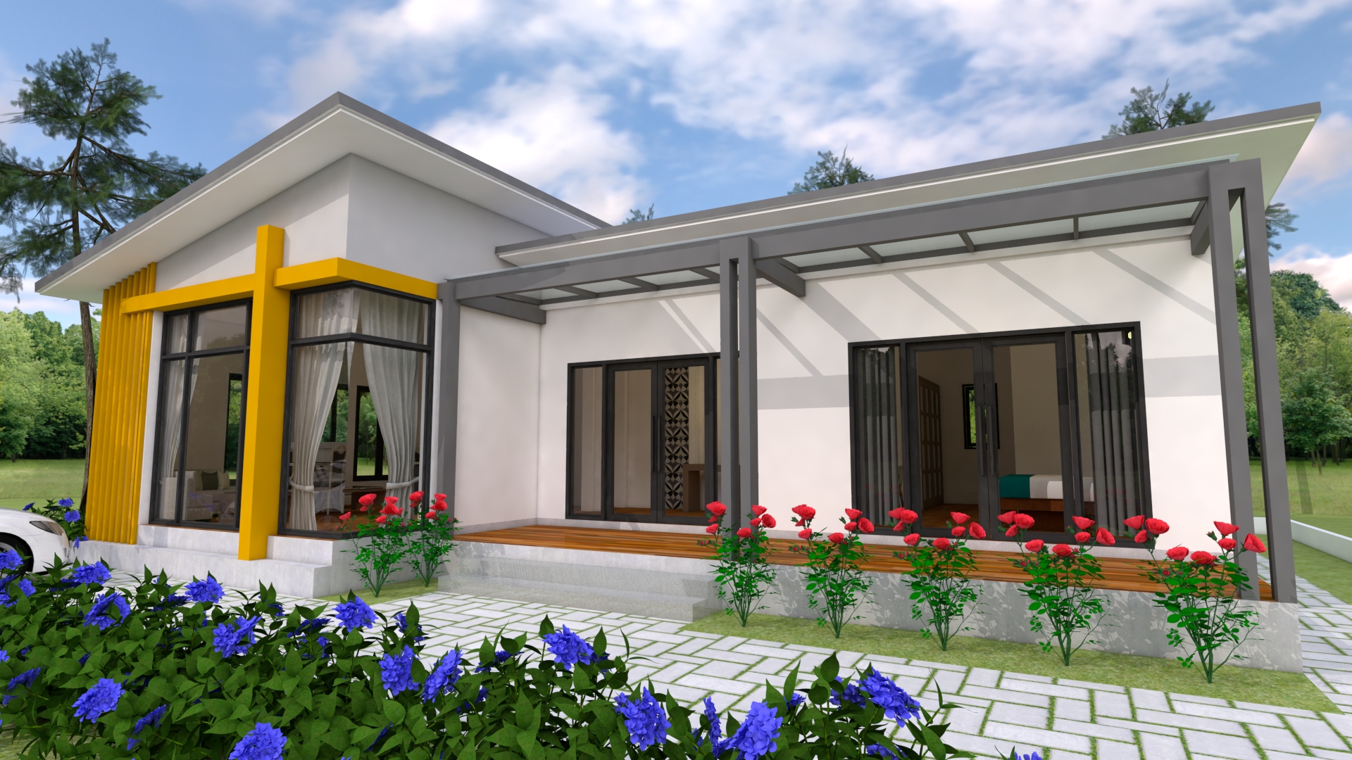 House Design 3d 13x9.5 Meter 43x31 Feet 2 Bedrooms Shed roof