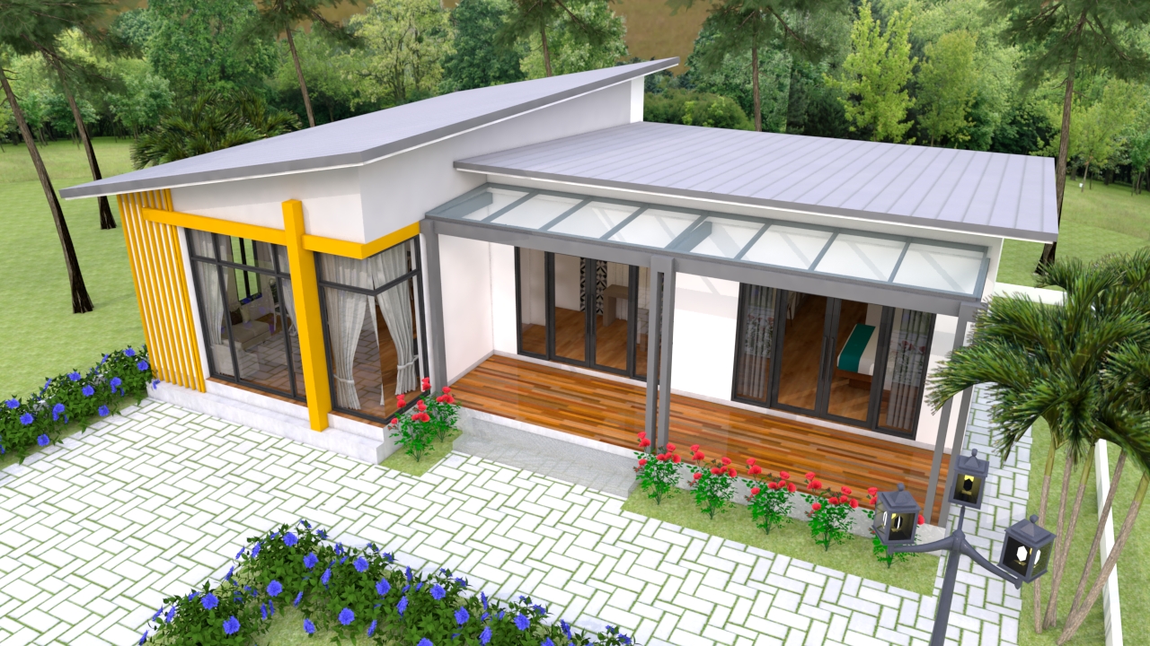 House Design 3d 13x9.5 Meter 43x31 Feet 2 Bedrooms Shed roof