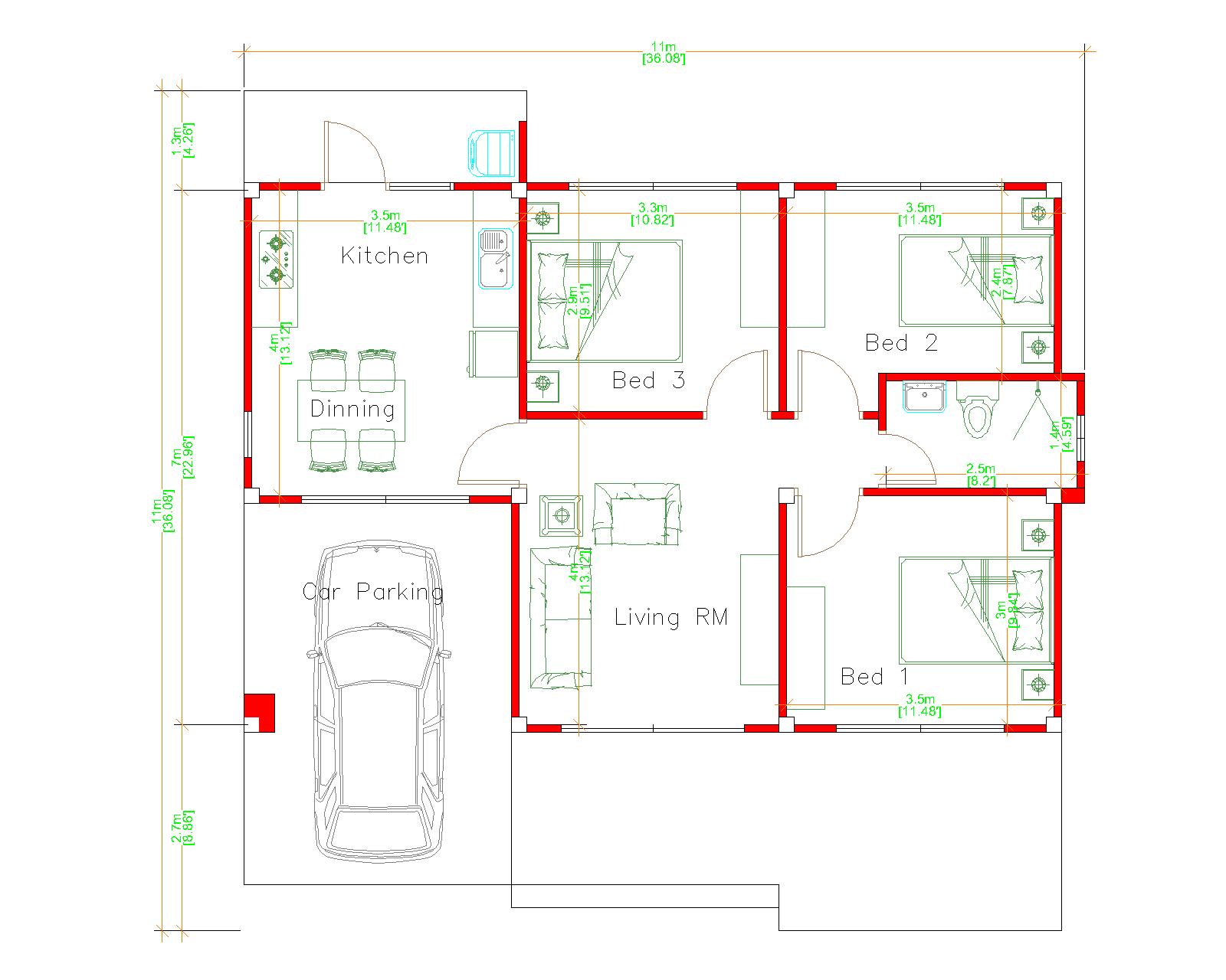 House Design 3d 11x11 Meter 36x36 Feet 3 Bedrooms Gable Roof