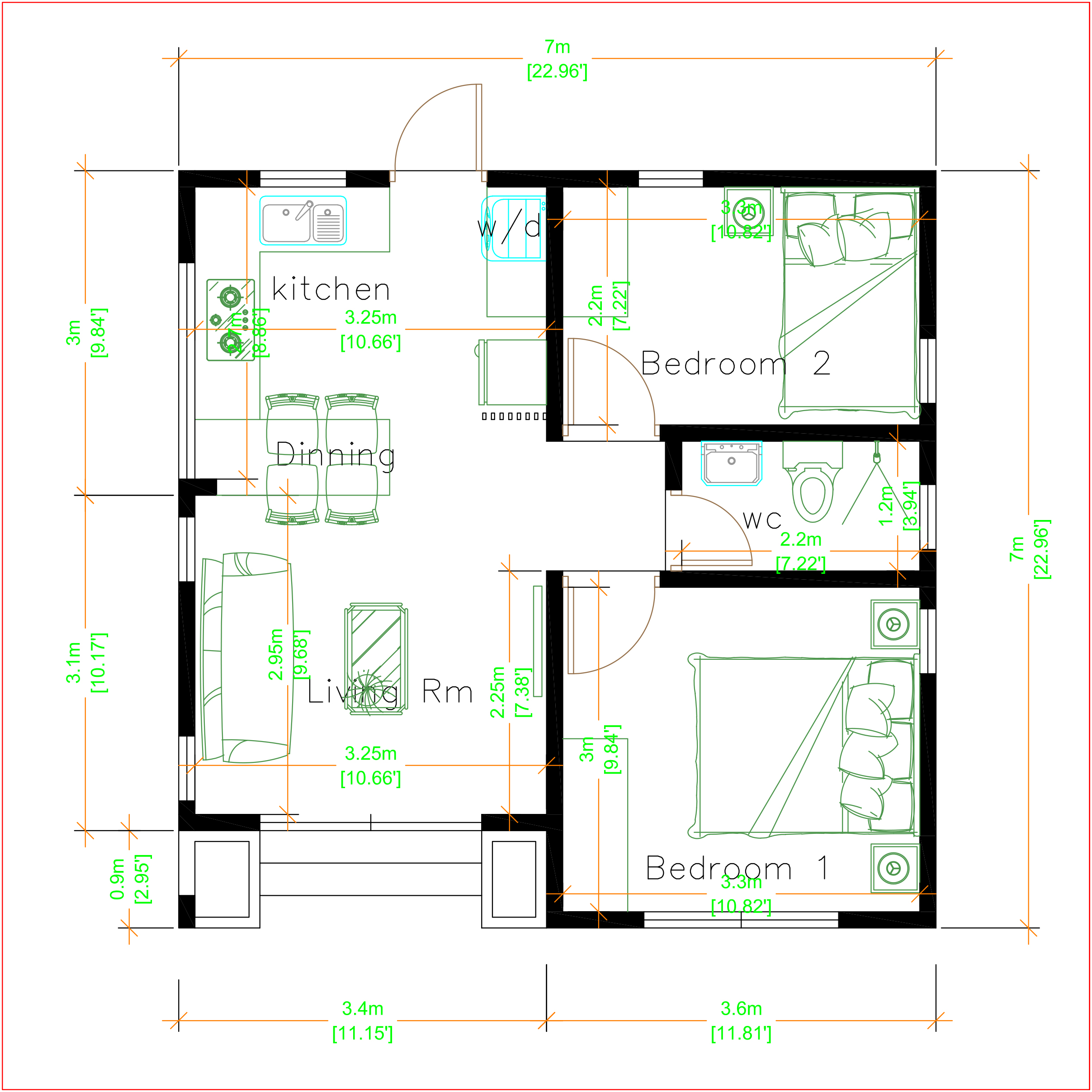 Small house design 7x7 Meters 24x24 Feet 2 Bedrooms floor plan