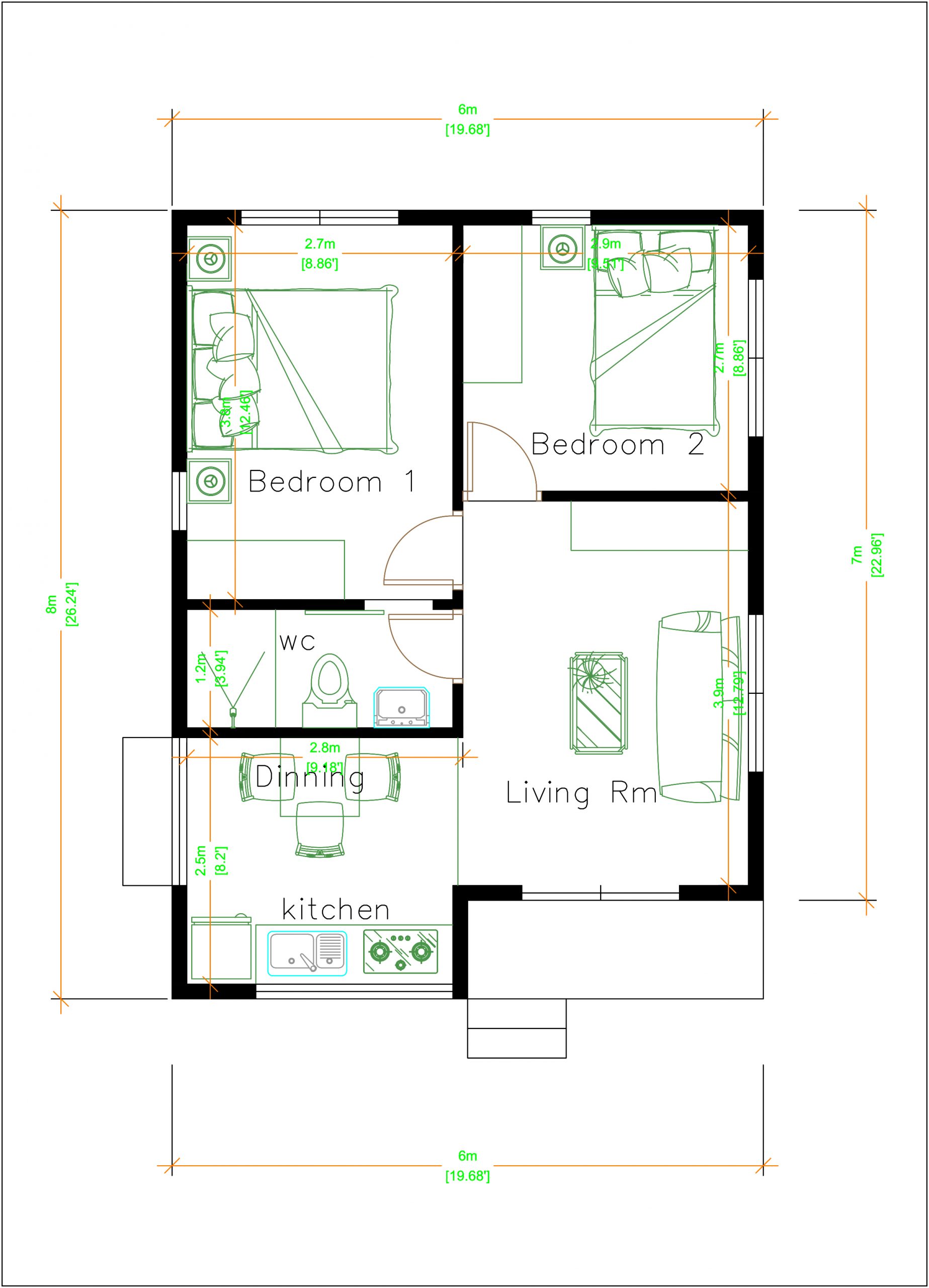 House Design 3d 6x8 Meter 20x26 Feet 2 Bedrooms Hip Roof