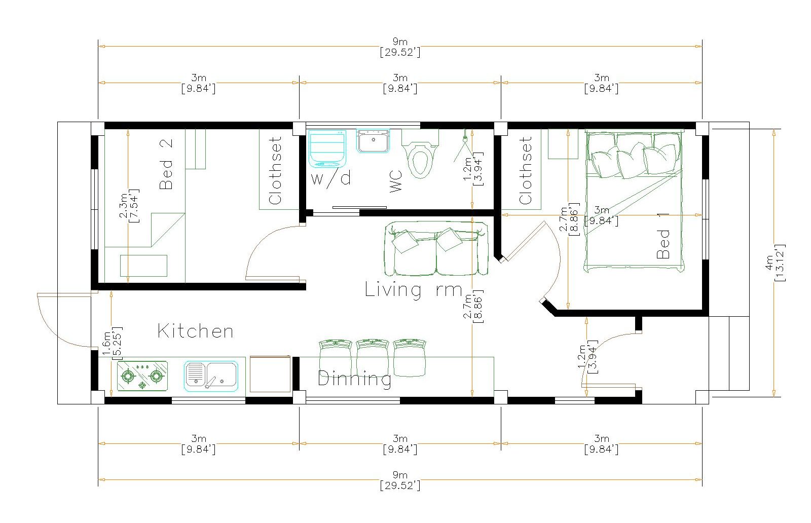 Small House Design Idea 4x9 Meters (36sq.m) floor plan
