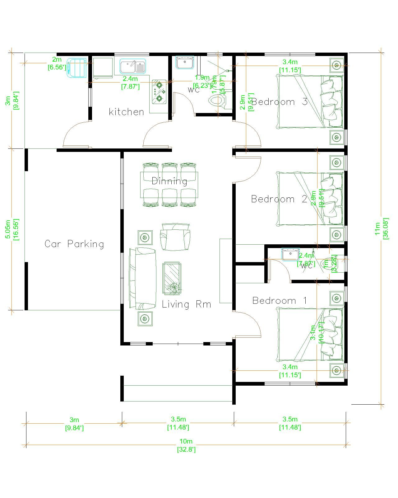 House Design 3d 10x11 Meter 33x36 Feet 3 Bedrooms Hip Roof