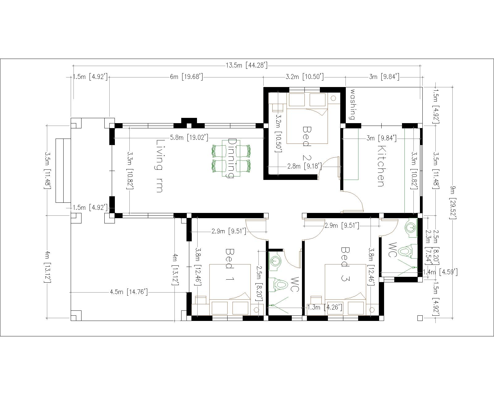 House Design 9x13.5 Meter 30x44 Feet