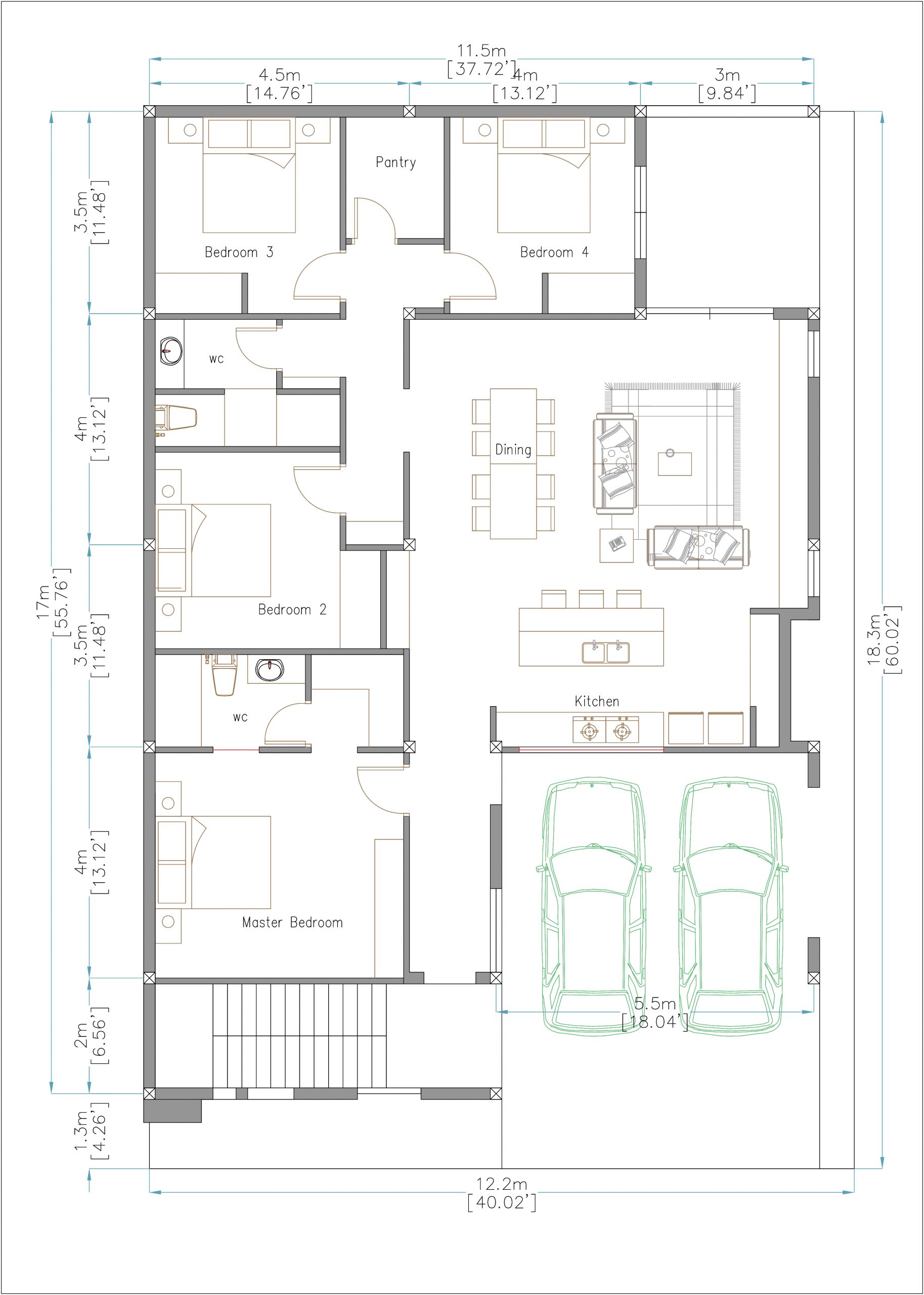 House design 140x60feet 12x18meters 4 Bedrooms