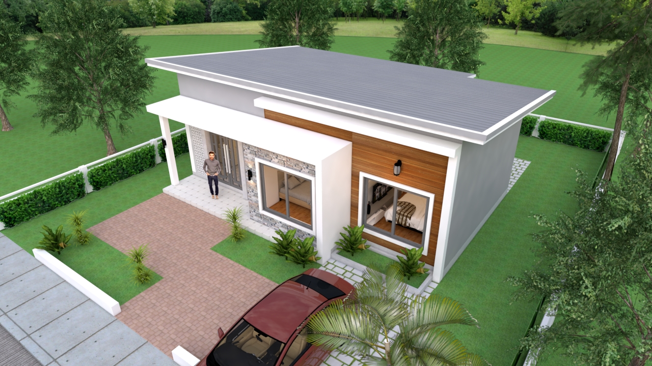 House Design 3d 10x8 Meter 27x34 Feet 3 Bedrooms Shed roof