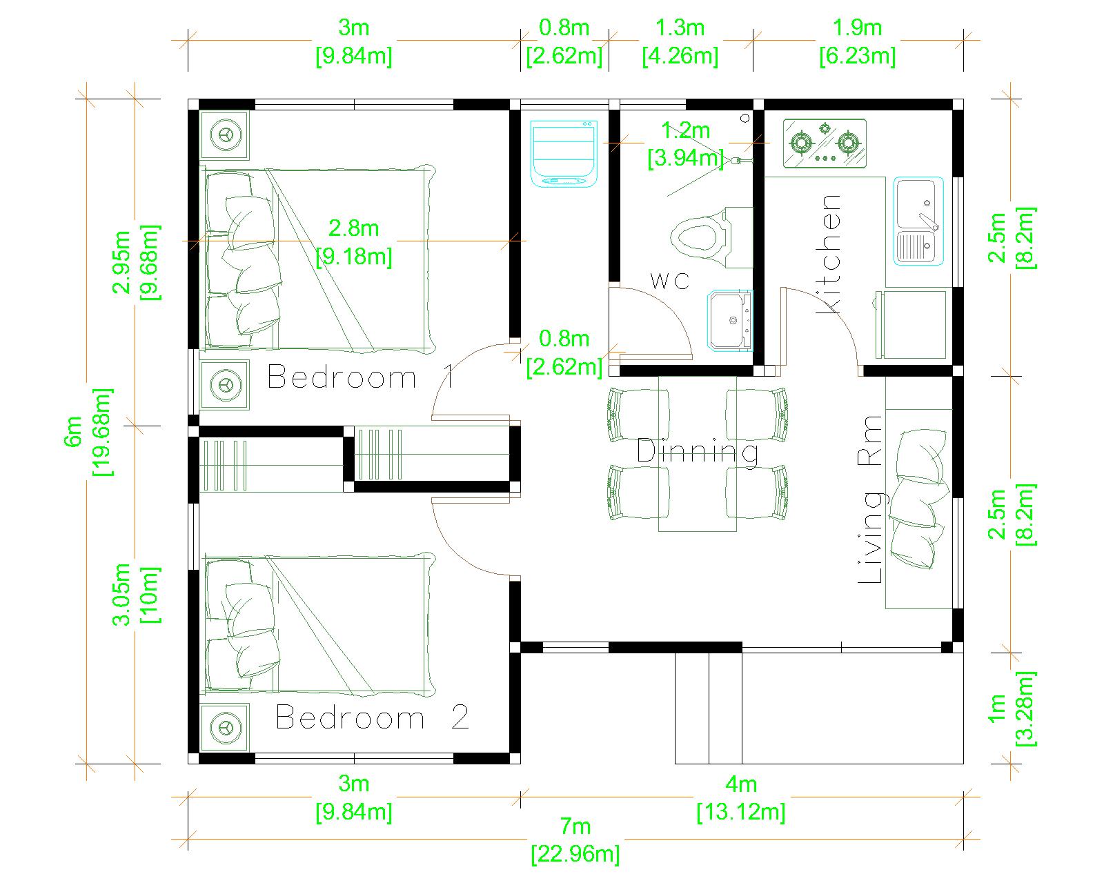 Simple Small House Design 7x6 Meter 23x20 Feet 2 Beds layout floor plan
