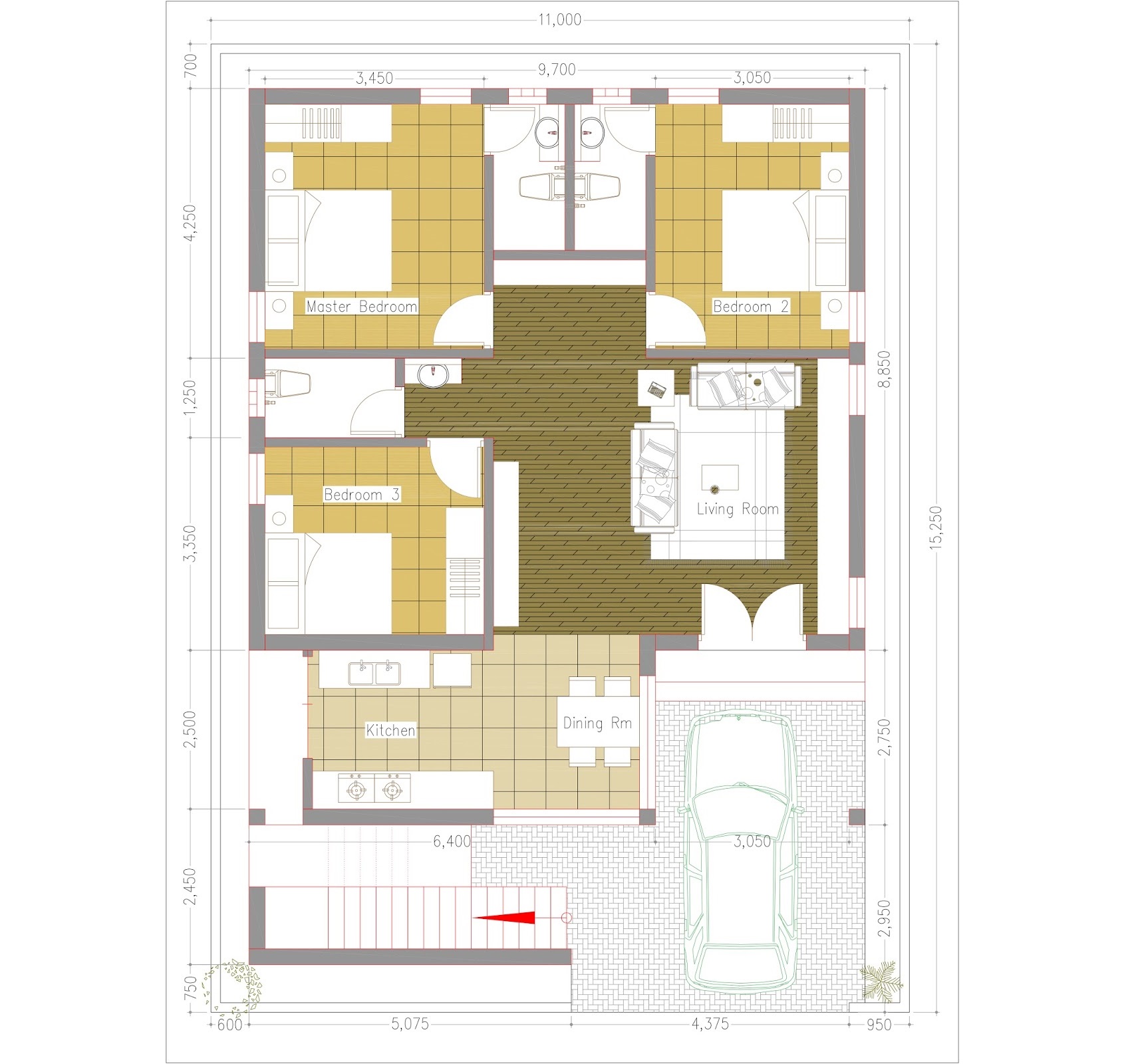 House Design 11x15 Meters 36x49 Feet 3 bedrooms Terrace Roof