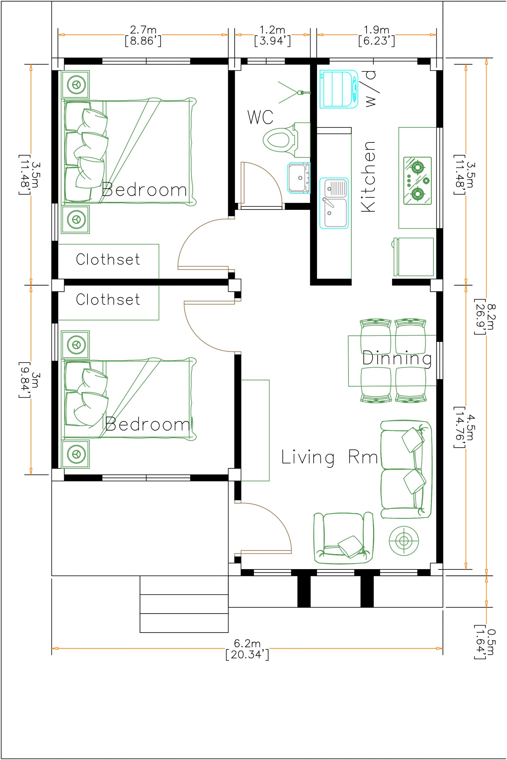 Small House Design 6x8Meter 20x27Feet Hip Roof