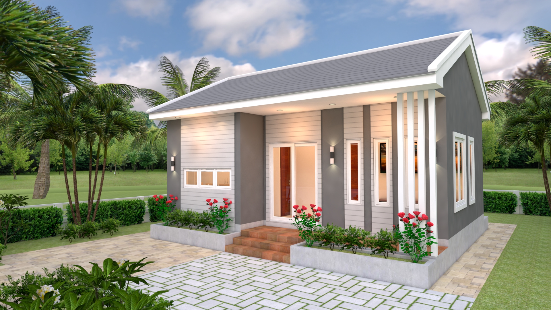 House Design 3d 8x6 Meter 26x20 Feet 2 Bedrooms Gable roof