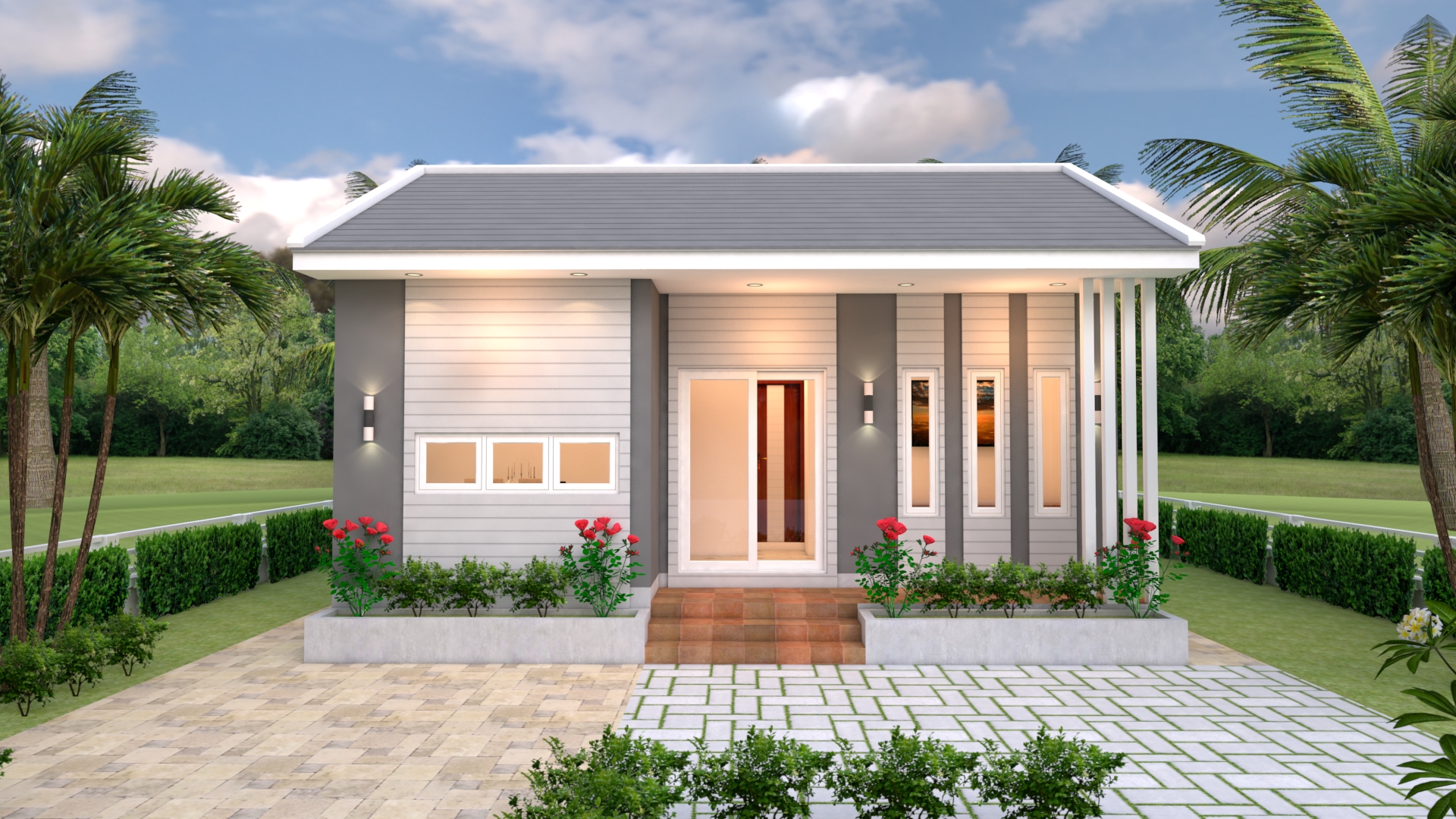 House Design 3d 8x6 Meter 26x20 Feet 2 Bedrooms Gable roof