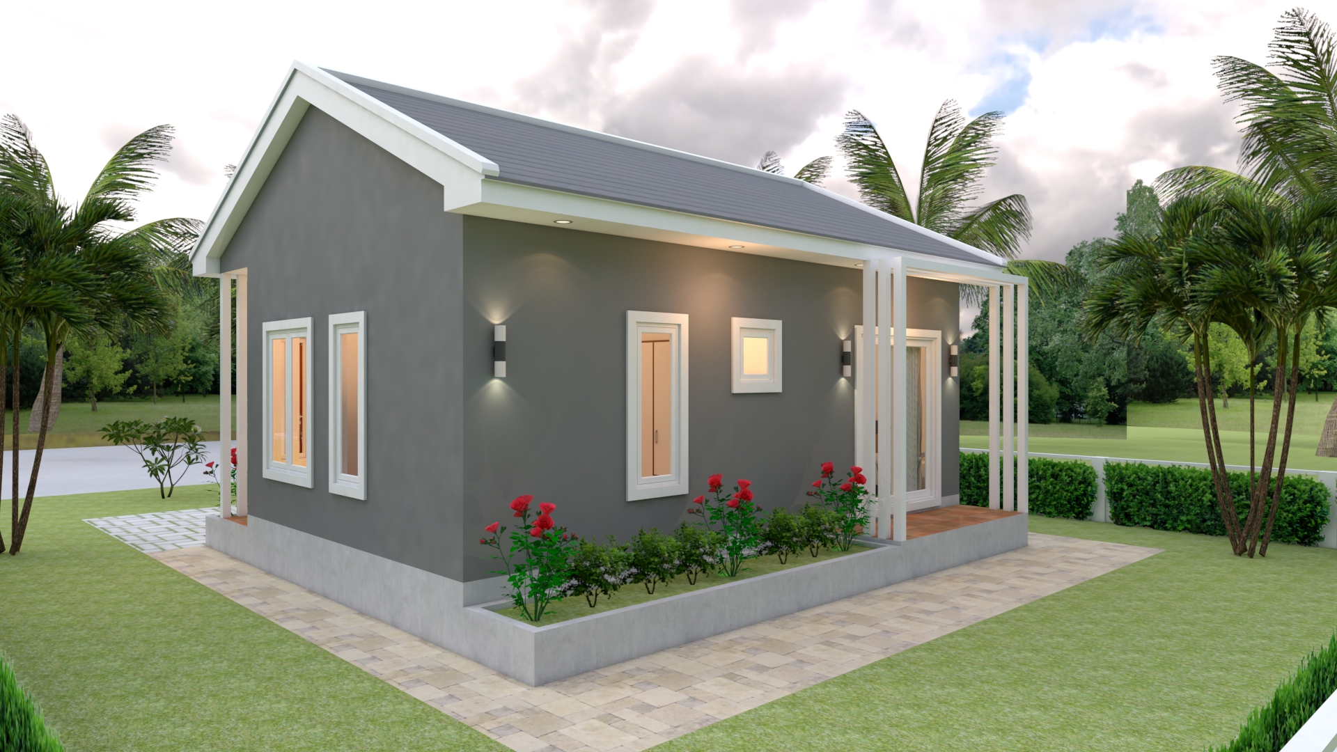 House Design 3d 8x6 Meter 26x20 Feet 2 Bedrooms Gable roof