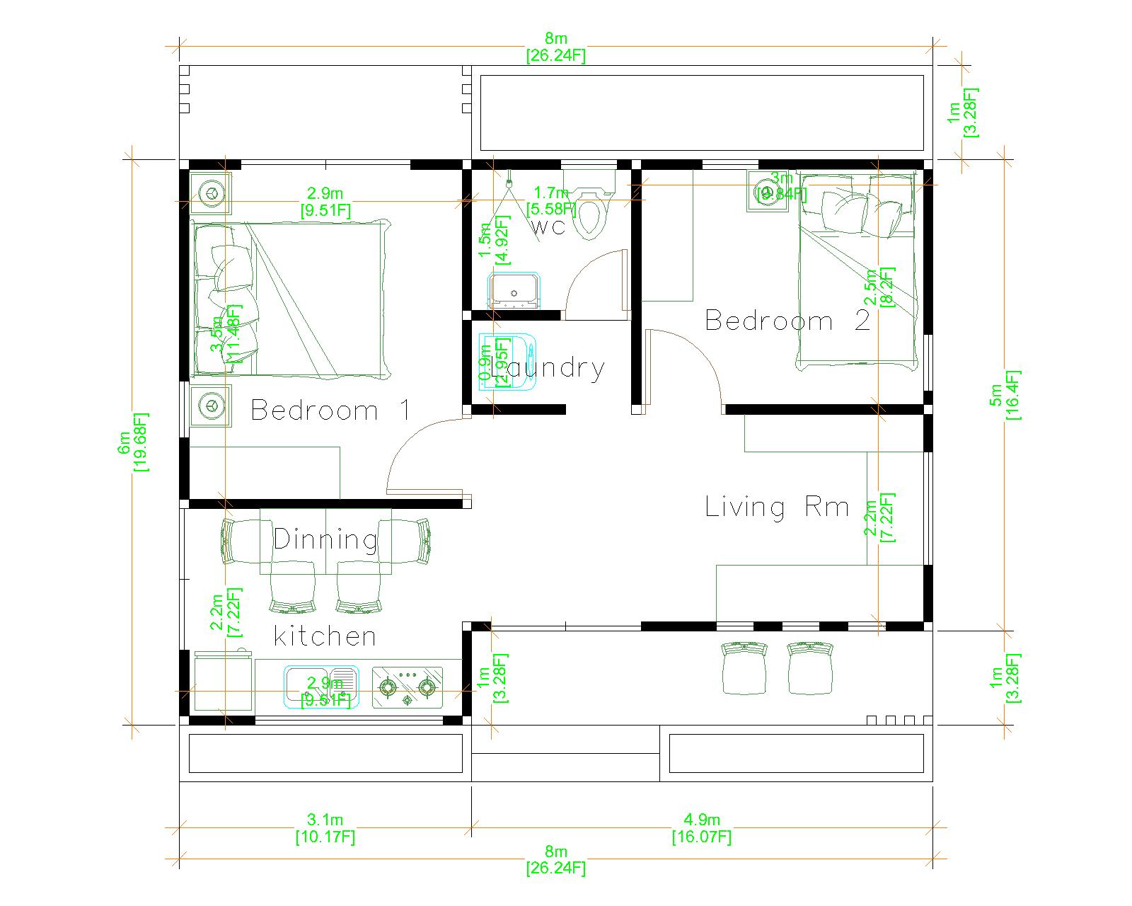 House Design 3d 8x6 Meter 26x20 Feet 2 Bedrooms Gable roof