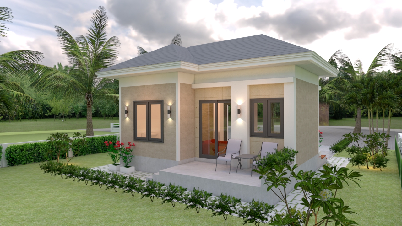 Small House Design Plans 5x7 Meter with One Bedroom Hip Roof Back House Elevation