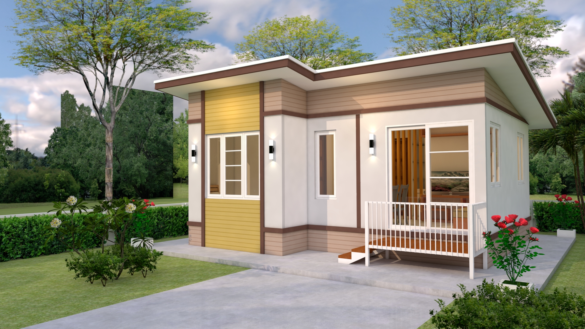 House Design 3d 7x6 Meter 23x20 Feet 2 bedrooms Shed Roof