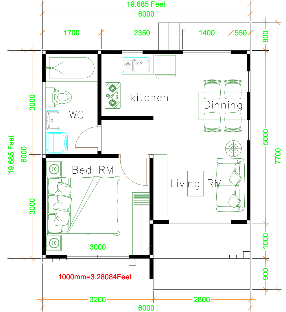 House Design 3d 6x6 Meter 20x20 Feet One Bedrooms Hip Roof