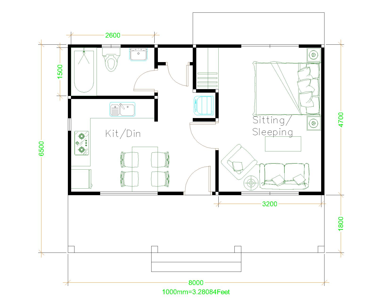 Small House Plans 8x6.5 with One Bedrooms Hip roof House Layout Floor Plan