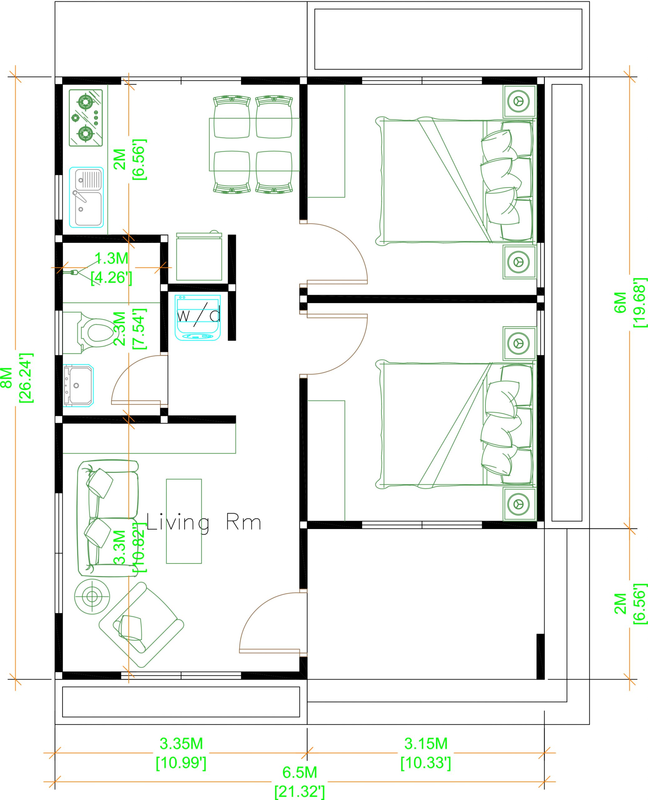 House Design 3d 6.5x8 Meter 21x26 Feet 2 Bedrooms Hip Roof