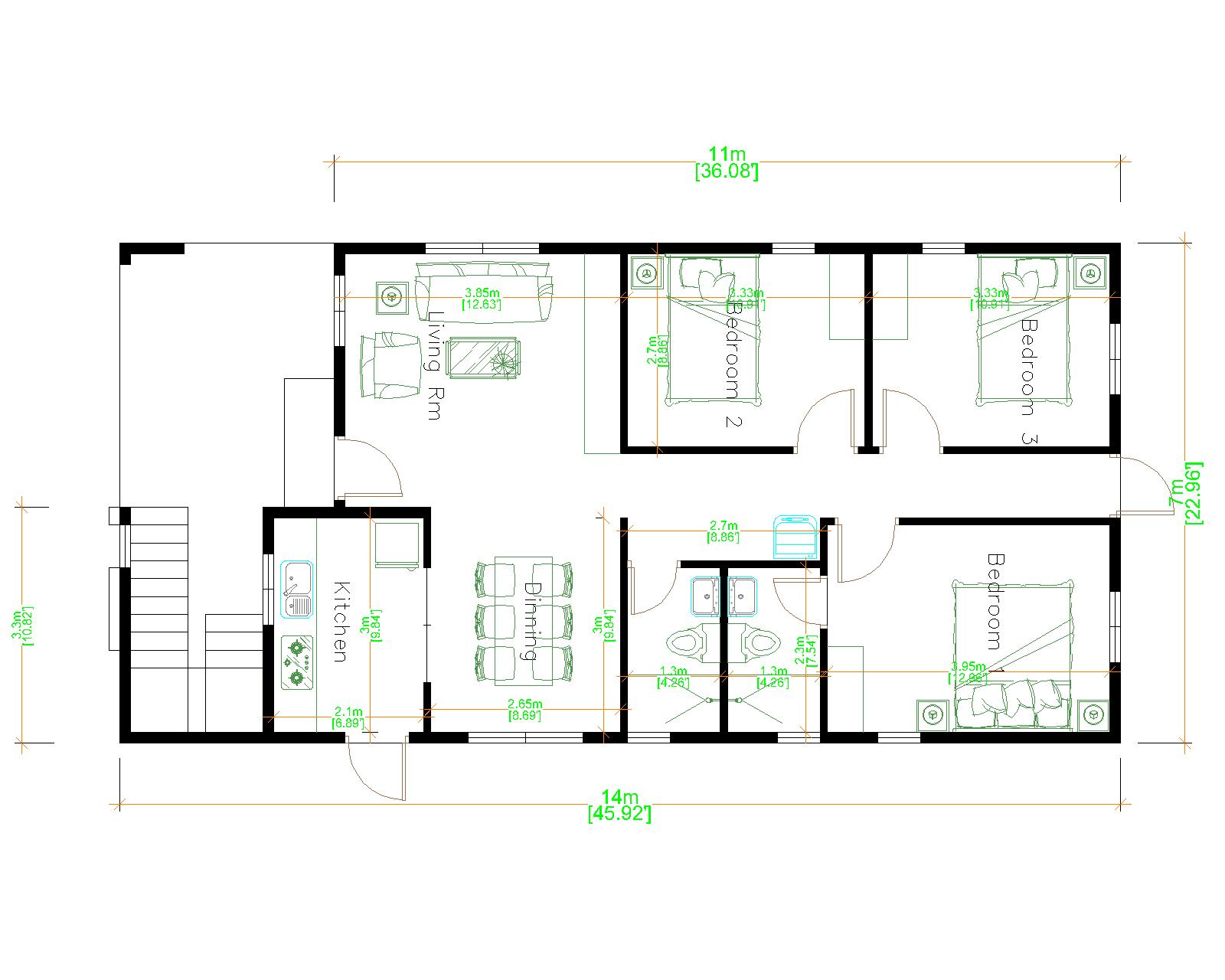 House Design 3d 7x14 Meter 23x46 3 Bedrooms Terrace Roof