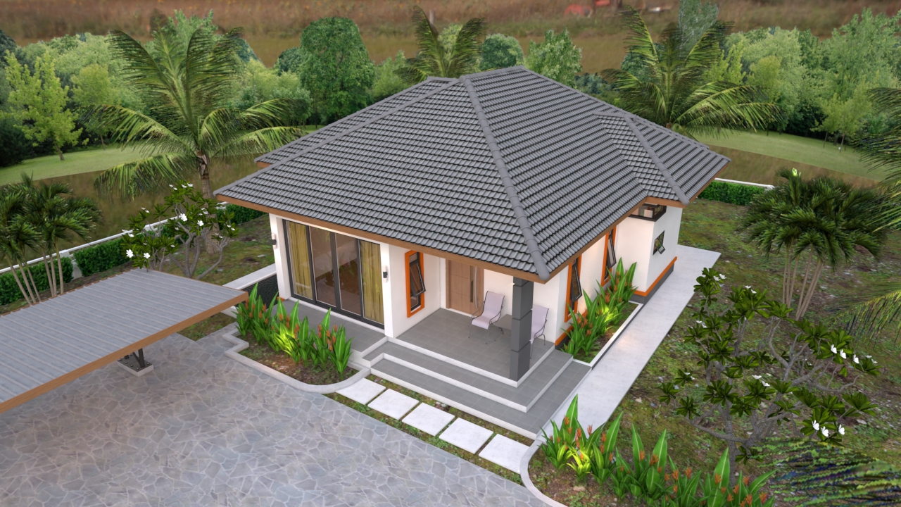 House Design 3d 10.7x10.5 Meter 35x34 Feet 2 Bedrooms Hip roof