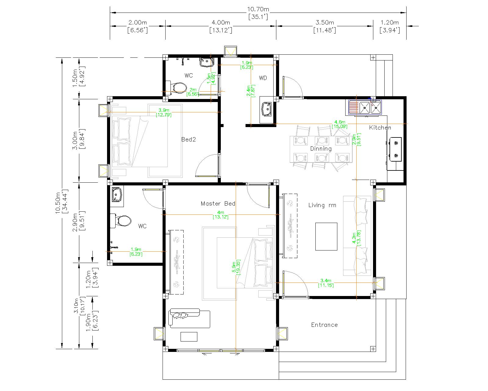 House Design 3d 10.7x10.5 Meter 35x34 Feet 2 Bedrooms Hip roof