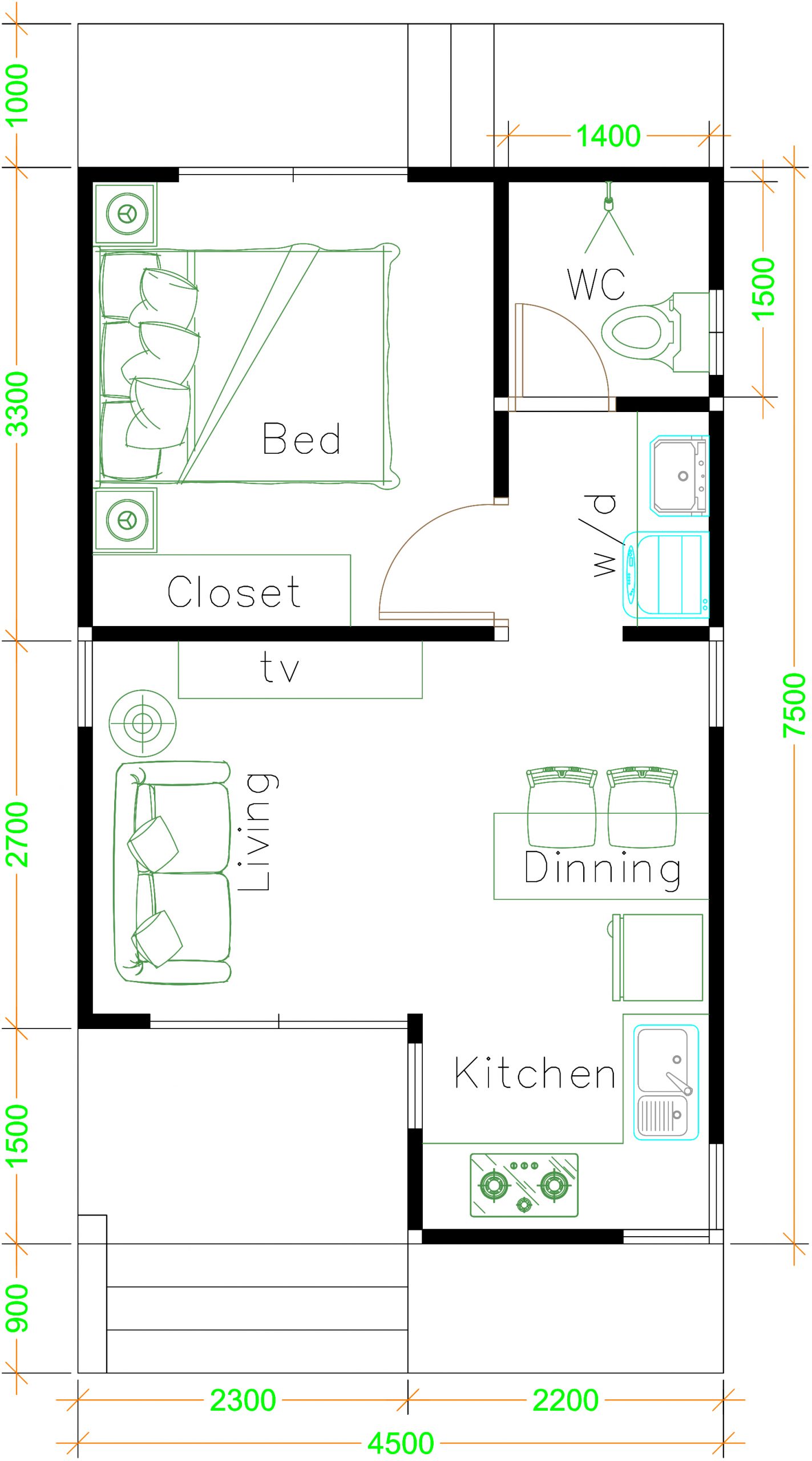 Small House Plans 4.5x7.5 with One Bedroom Hip roof floor plan