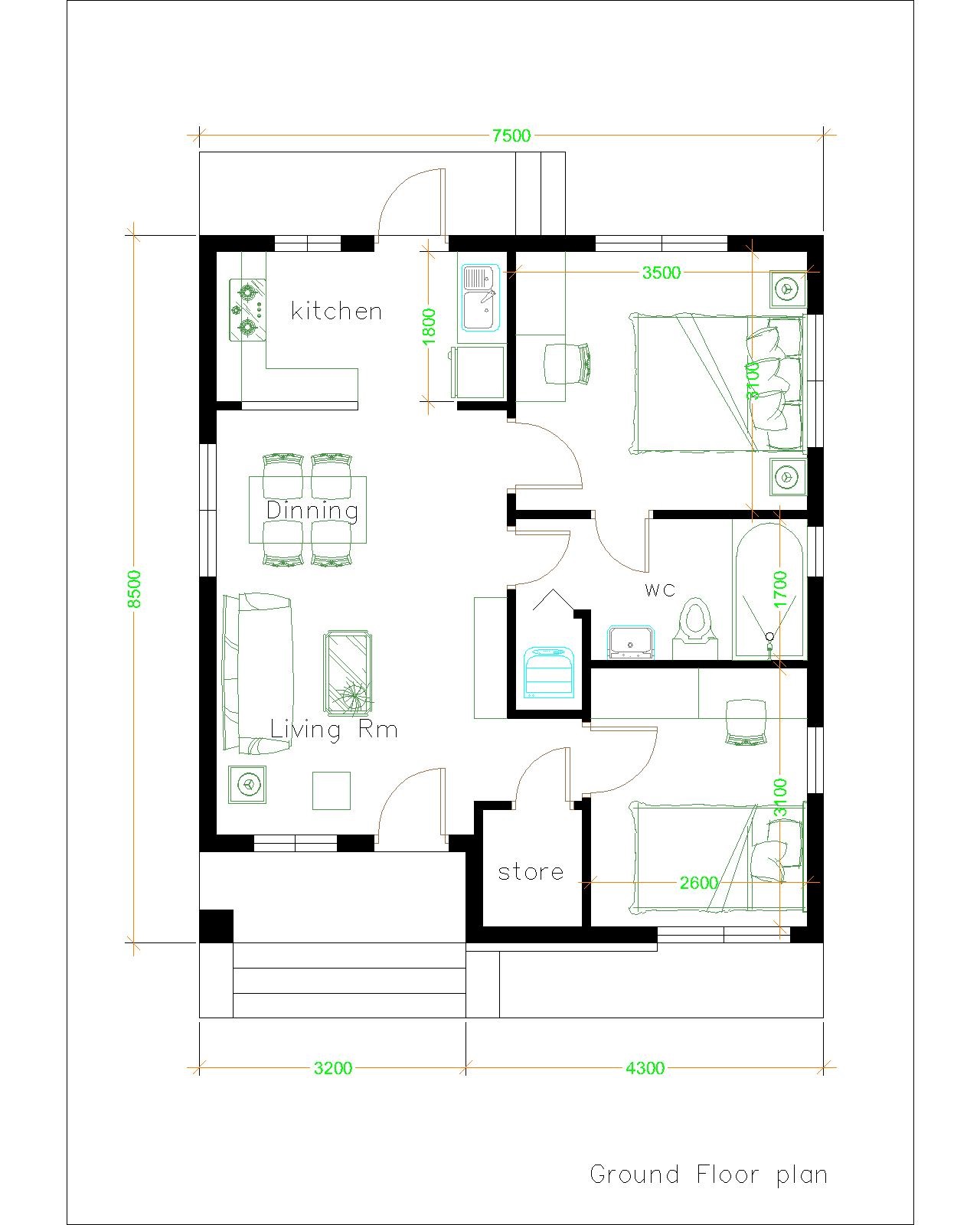 House Design 3d 7.5x8.5 Meter 25x28 Feet 2 bedrooms Gable Roof