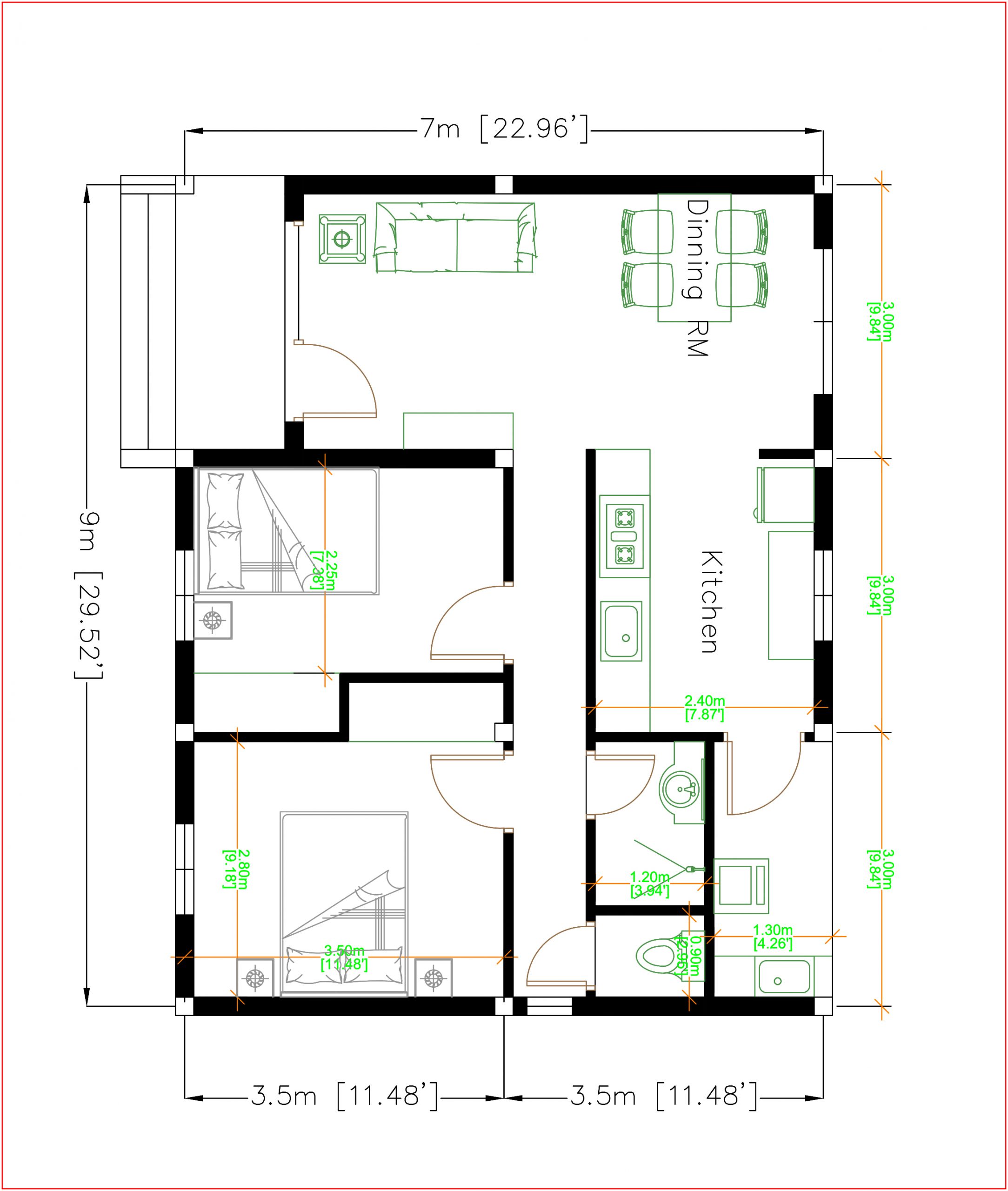 House Design 3d 9x7 Meter 30x23 Feet 2 Bedrooms Hip Roof