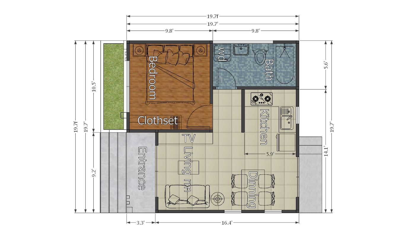 House Design 3d 6x6 Meter 20x20 Feet One Bedrooms Flat Roof