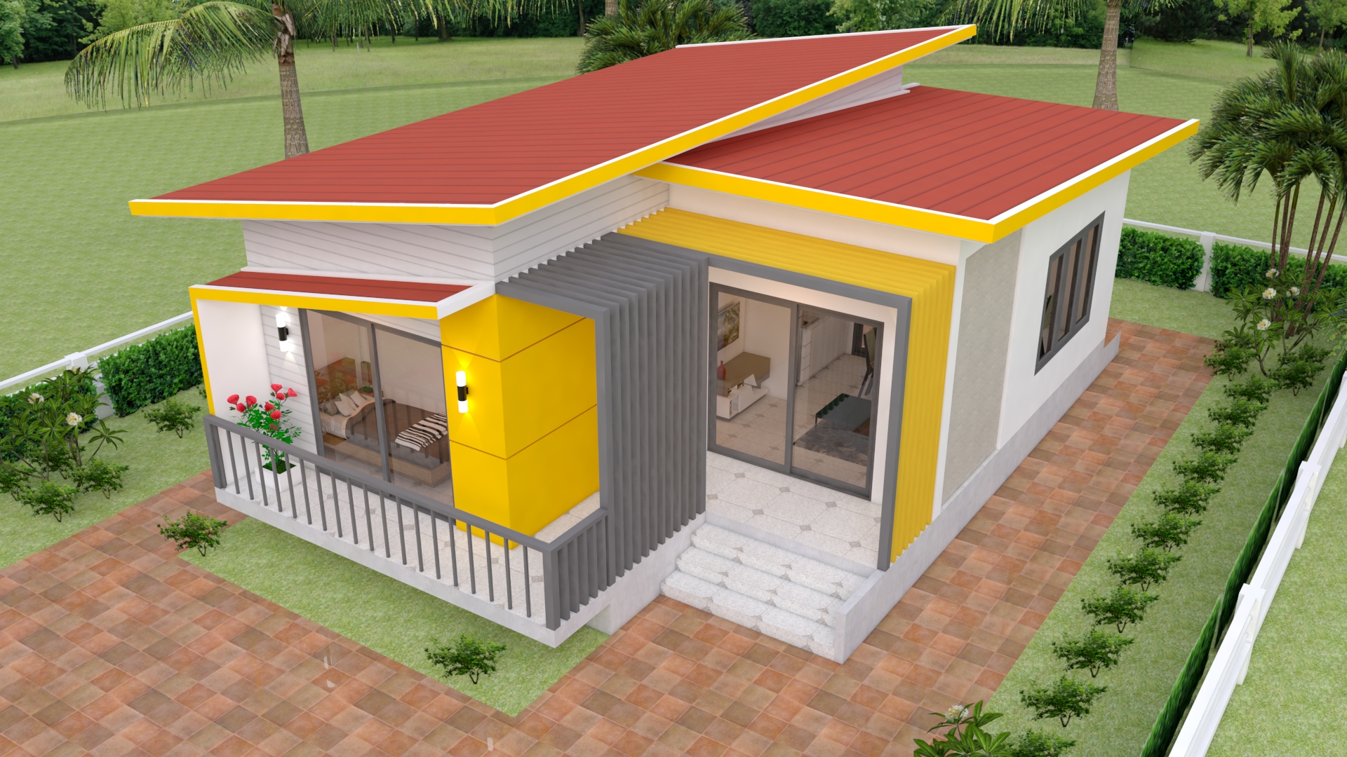 House Design 3d 7.5x11 Meter 25x36 Feet 2 bedrooms Shed Roof