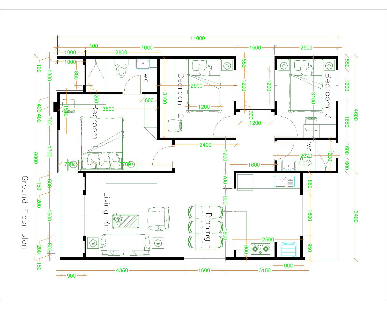House Design 3d 8x11 Meter 26x36 Feet 3 Bedrooms Full Plans