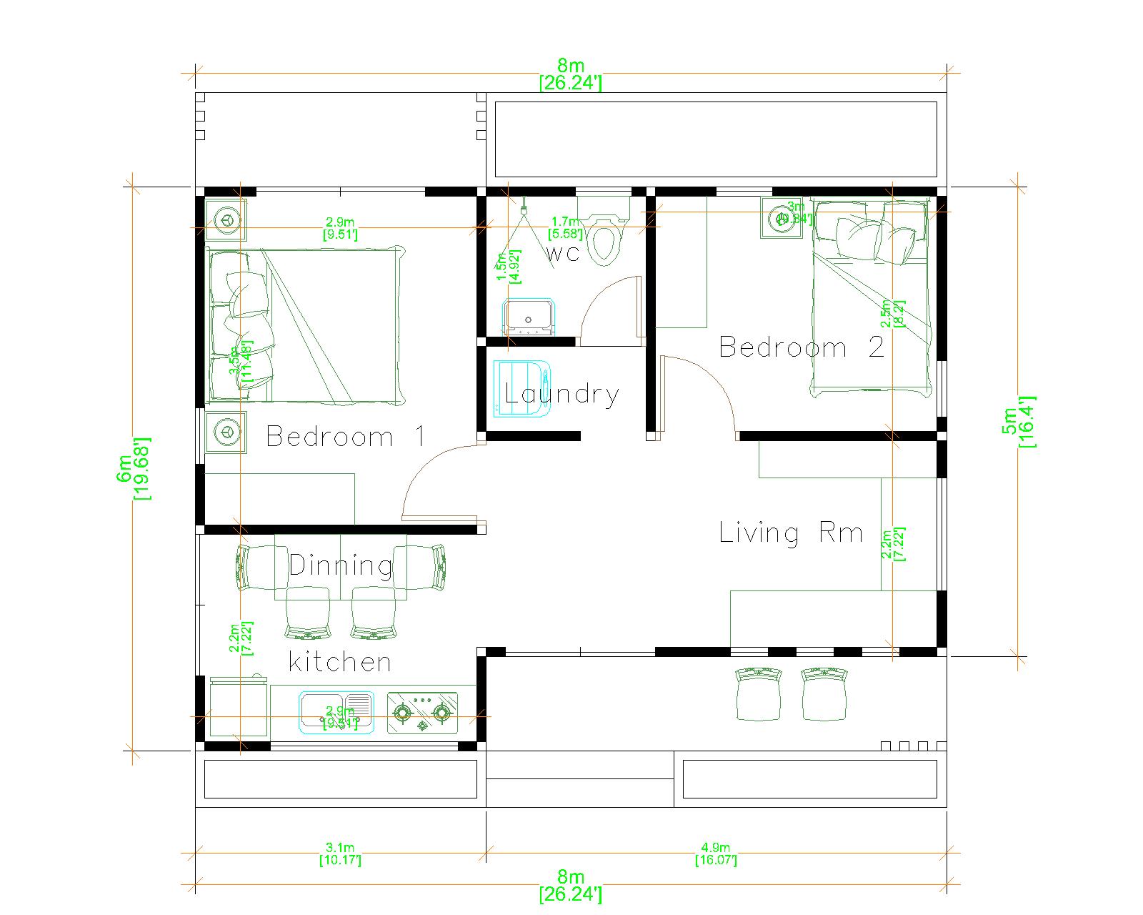 House Design 3d 8x6 Meter 26x20 Feet 2 Bedrooms Slope roof