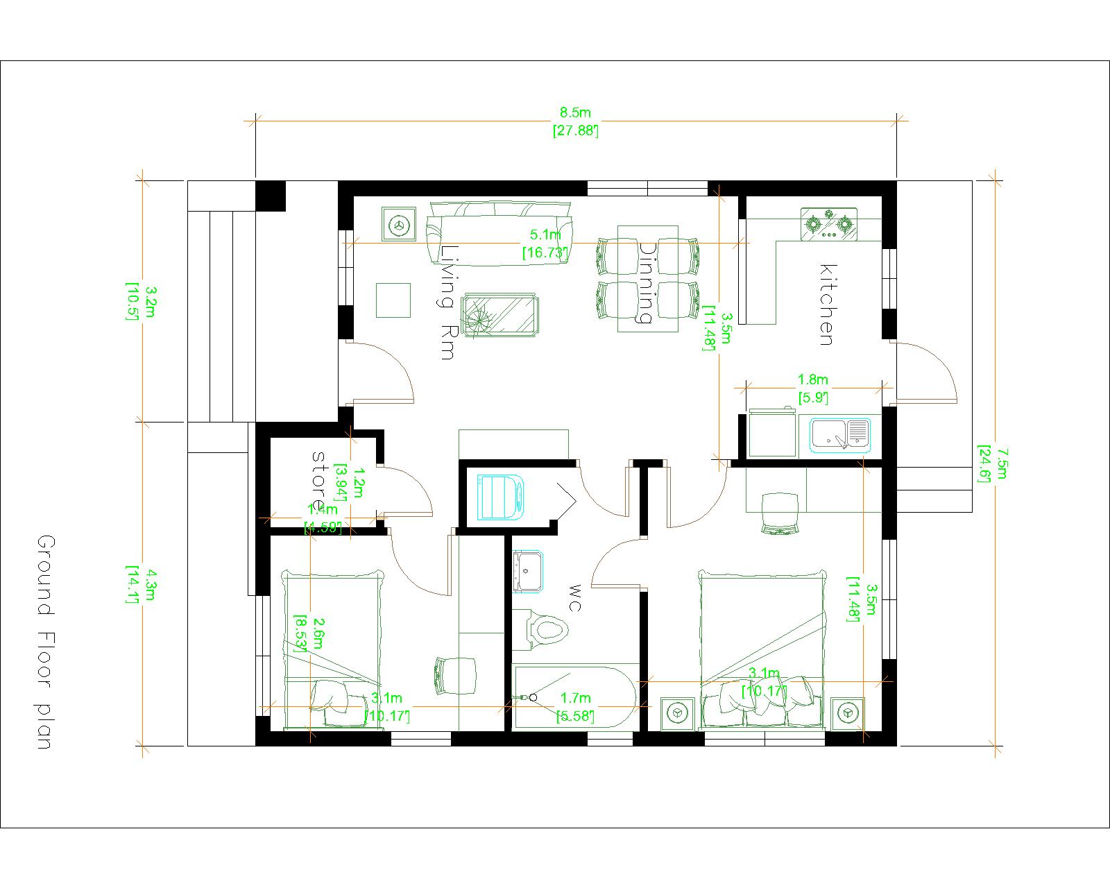 House Design 3d 7.5x8.5 Meter 25x28 Feet 2 bedrooms Hip Roof