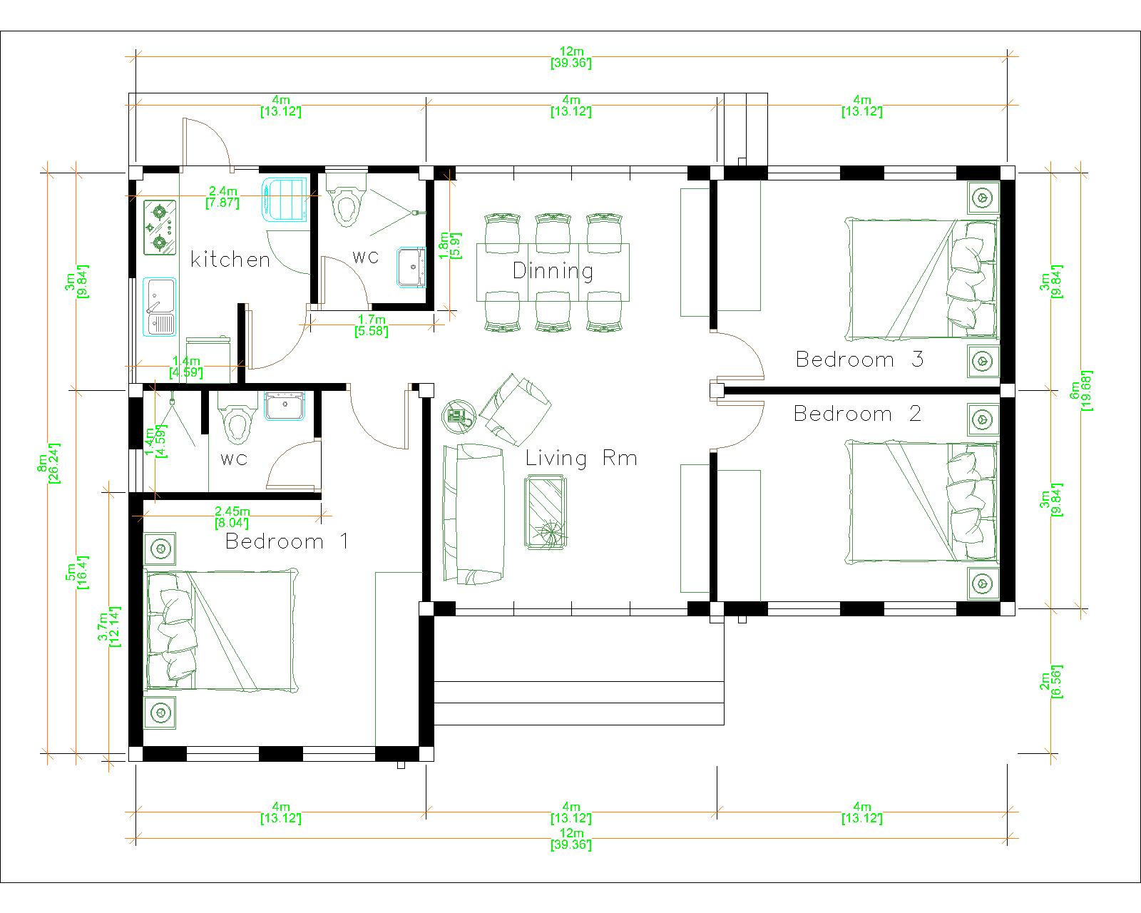 Bungalow House Plans 12x8 Meter 40x27 Feet 3 Beds Layout floor plan