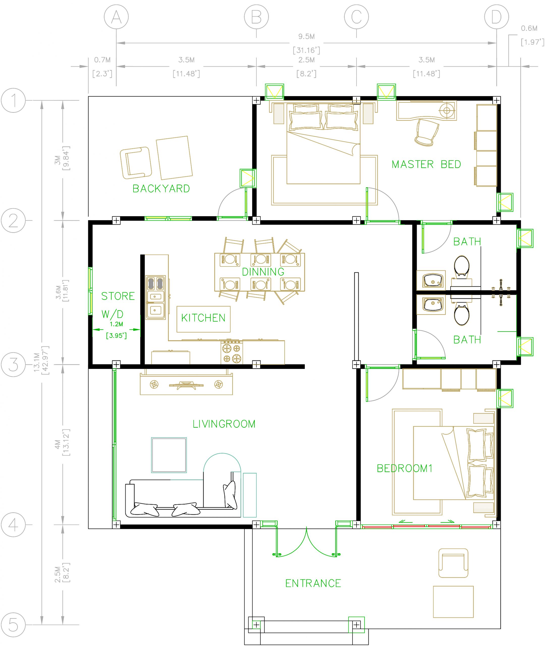 House Design 3d 31x43 Feet 9x13.5 Meters 2 Bedrooms Hip roof