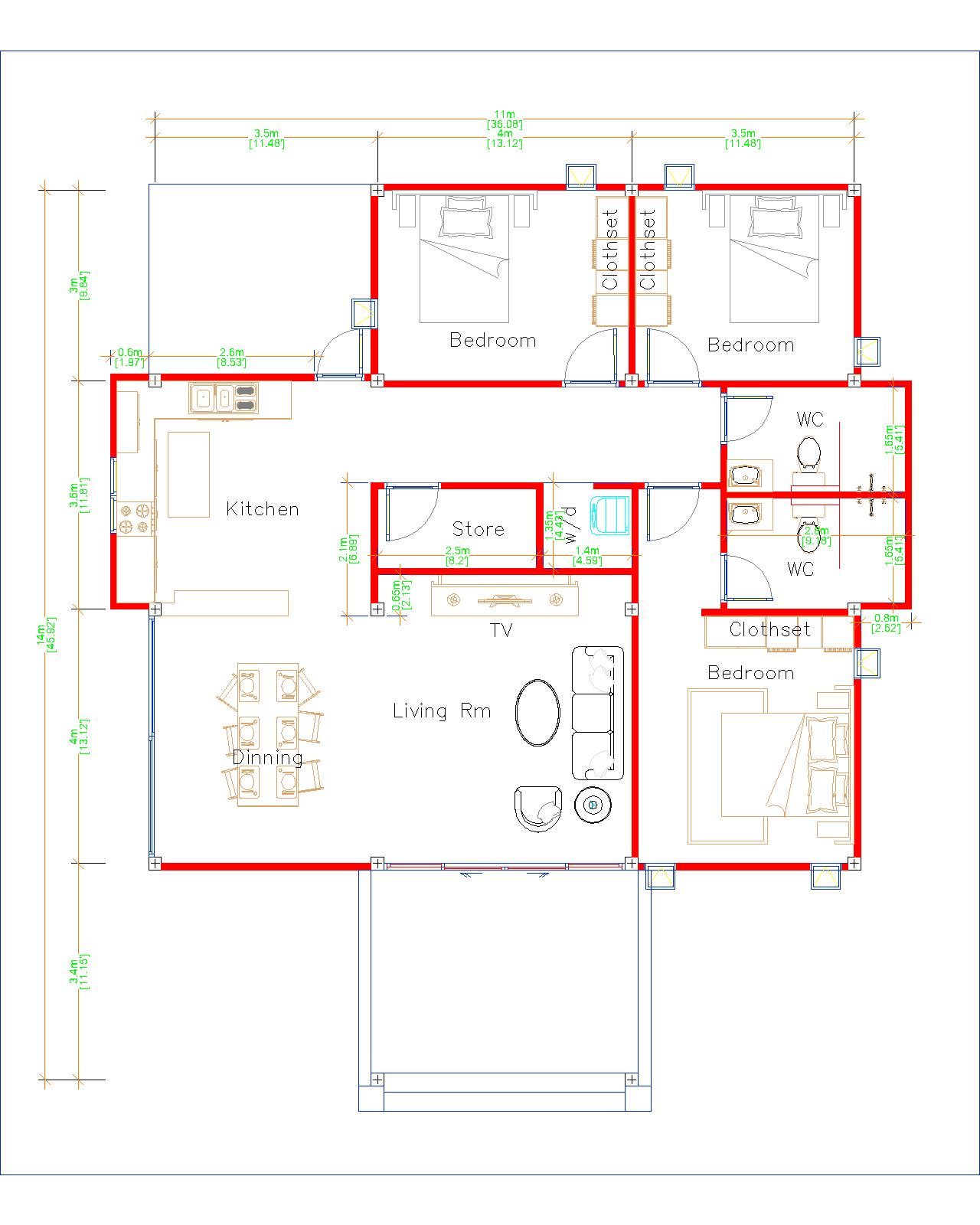 Cool Home Plans 11x14 Meters 36x46 Feet 3 Beds Layout floor plan