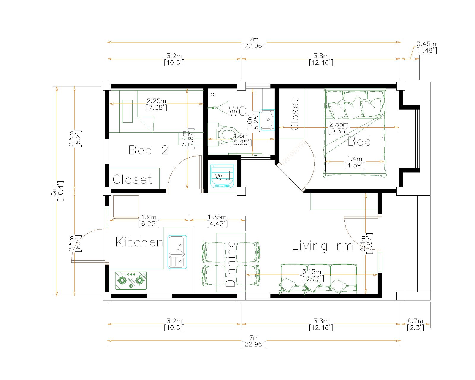 Small House Plans 5x7 Meters (35sq.m)